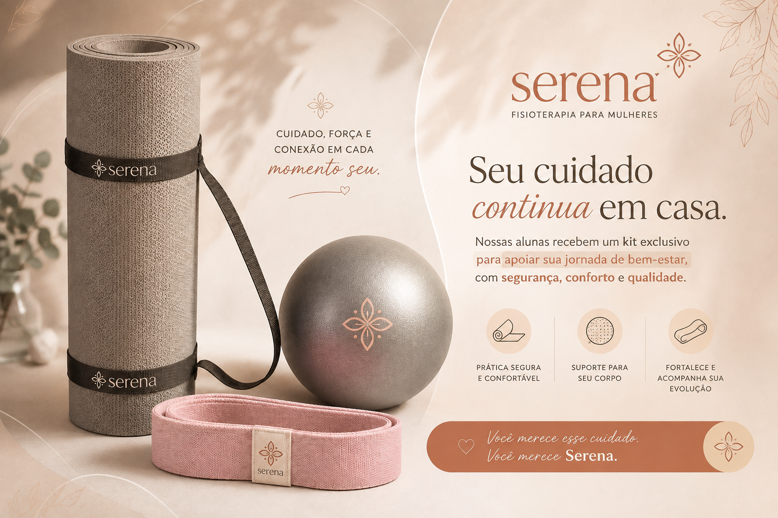 Kit Serena: tapete, bola suíça e faixa elástica entregues às alunas do curso
